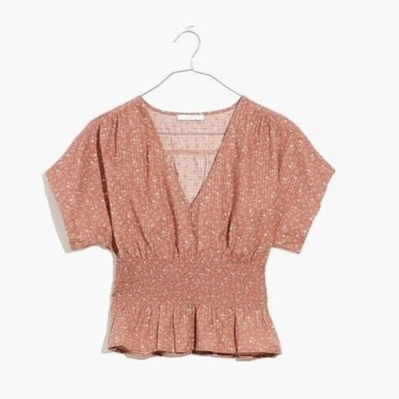 Madewell Tops - Madewell Top Women's XL V-Neck Smocked-Waist Cropped Daisy Stitch Pink NEW